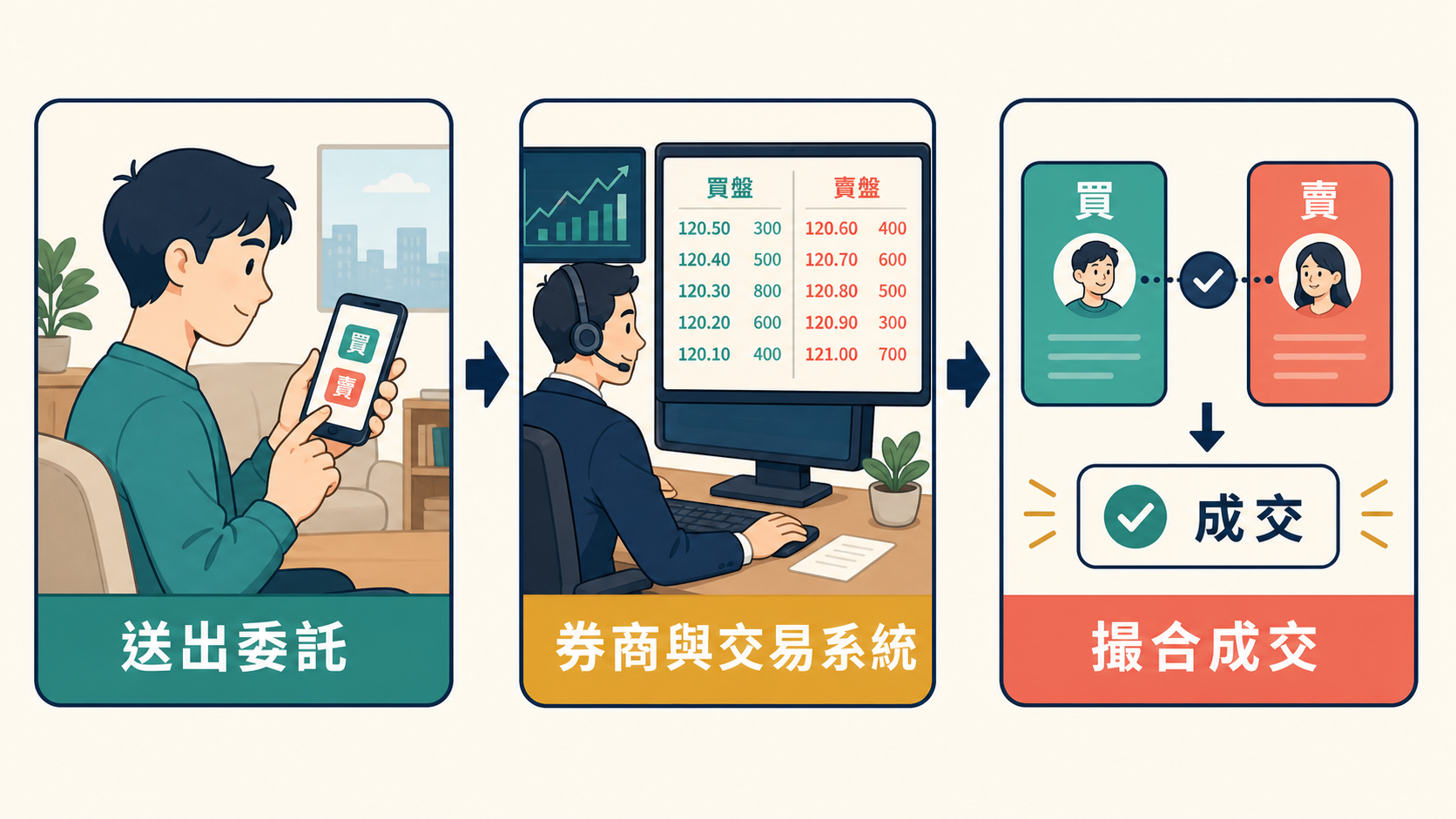 四步驟市場流程資訊圖：委託、券商、撮合與成交確認