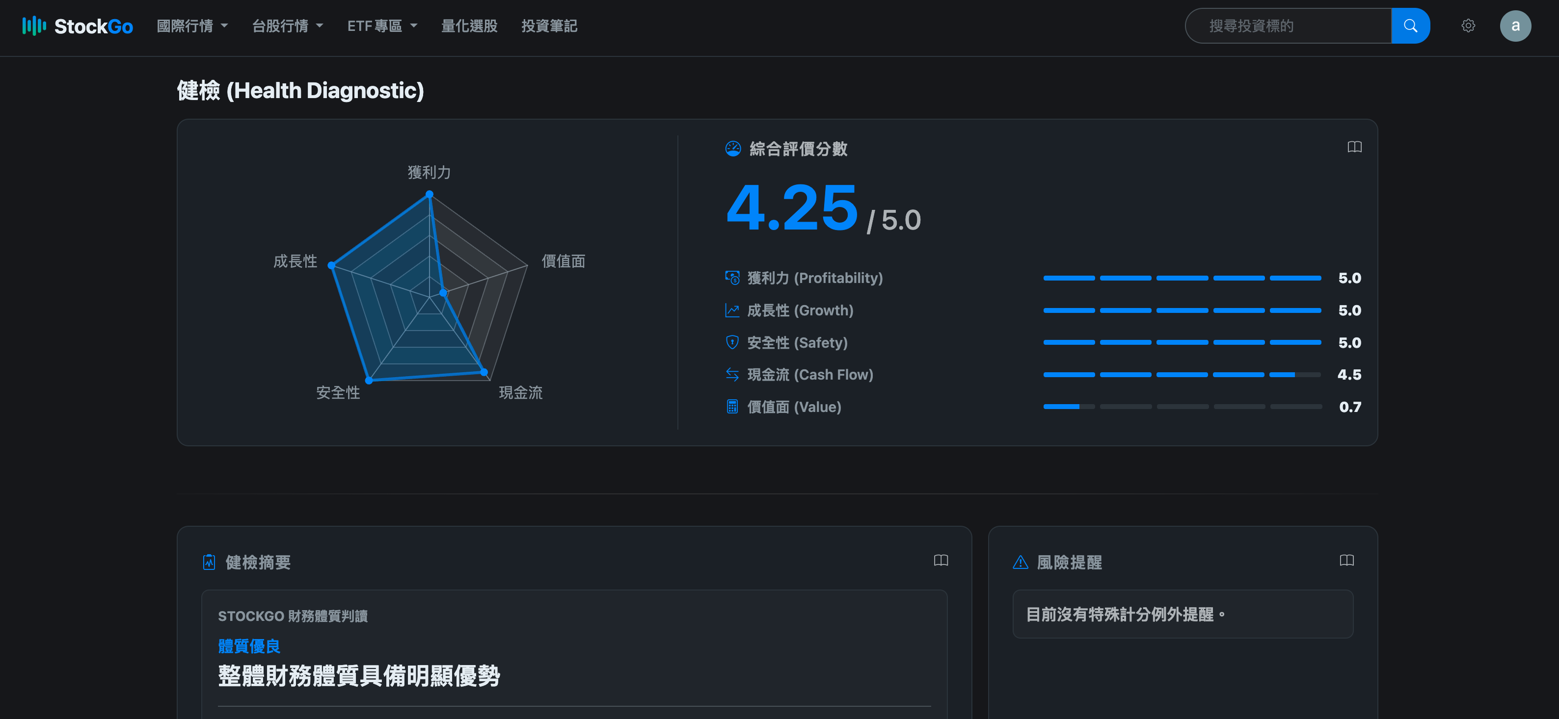 StockGo 公司體質操作頁面截圖