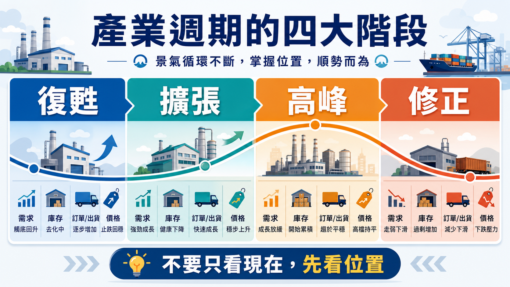 景氣循環復甦、擴張、高峰與修正四個階段的橫向解說圖