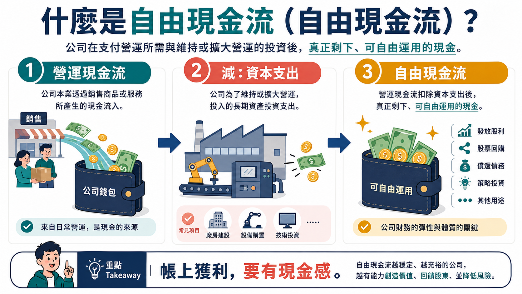 自由現金流結構圖：營運現金流扣除投資支出後，留下可彈性運用的現金