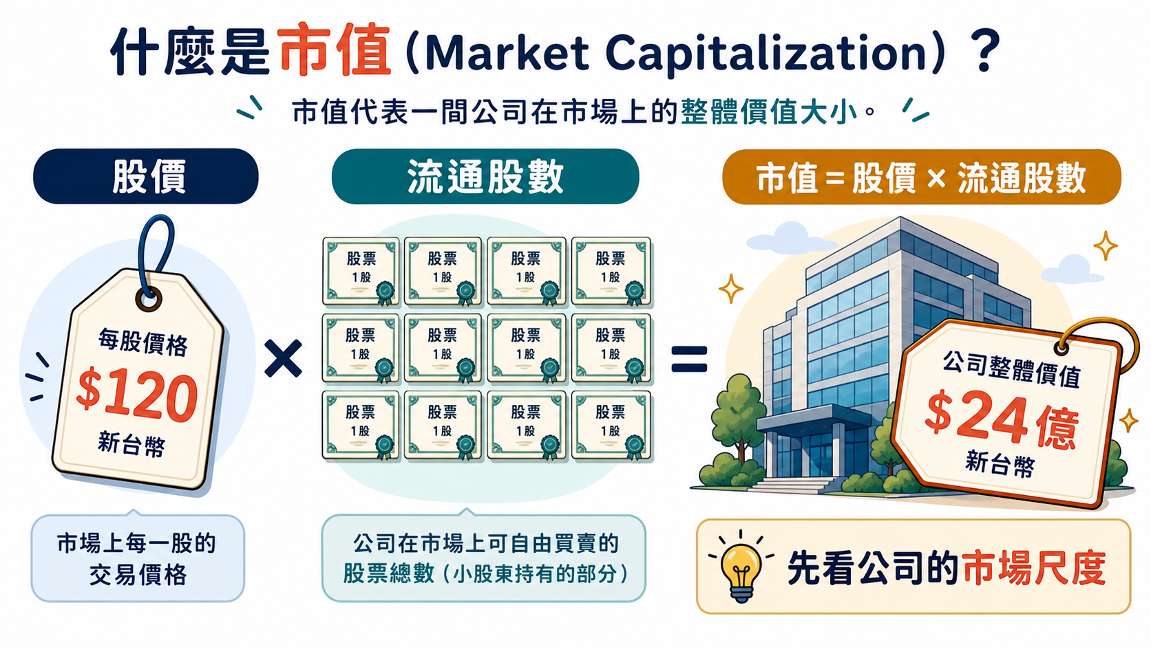 市值結構圖：股價標籤乘上股數，形成整家公司市場價值