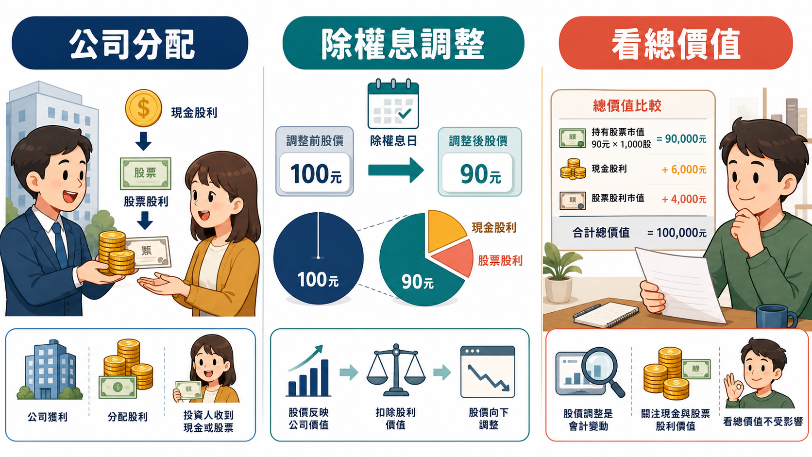 除權息資訊圖：分配前、公司發放現金或股票、分配後價值調整的前後關係