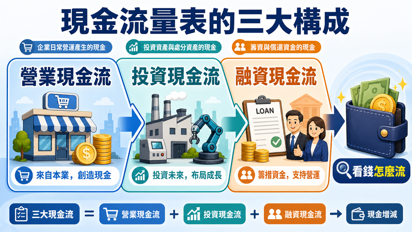 營業現金流、投資現金流與融資現金流三條水管的橫向解說圖